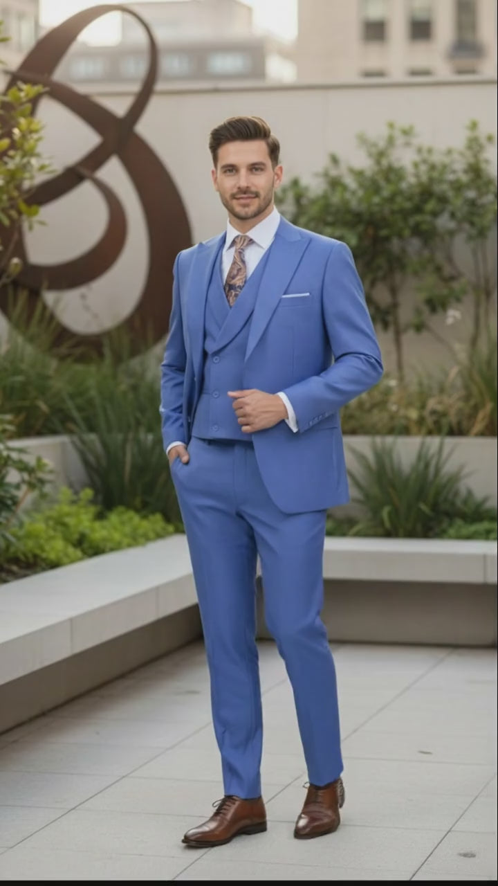 Men’s Light Blue Double-Breasted 3-Piece Suit Set – Tailored Fit Formal Business Suit in Steel Blue Sky Blue Color