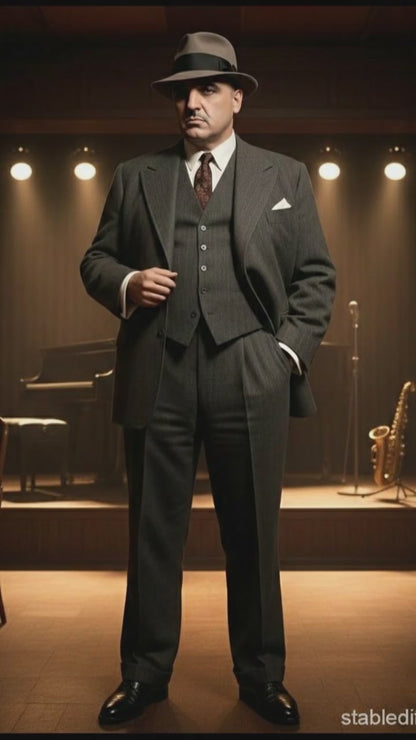 Al Capone Men’s Charcoal Gray Stripe 3-Piece Gangster Style Suit – 1920s Jazz Club Inspired Formal Suit Outfit