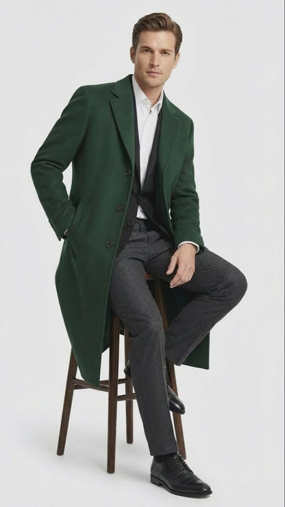 Men’s Hunter Green Full-Length Wool Overcoat – Classic Winter Dress Coat for Formal and Casual Wear Topcoat Mens Wintercoat