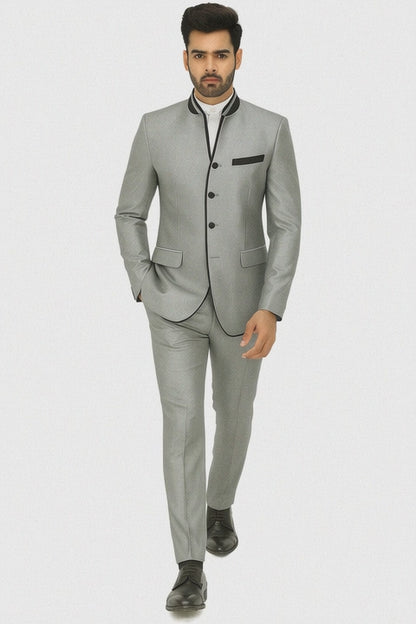 Mens 4 button Mandarin Tuxedo in Sharkskin Silver Grey with Black Trim