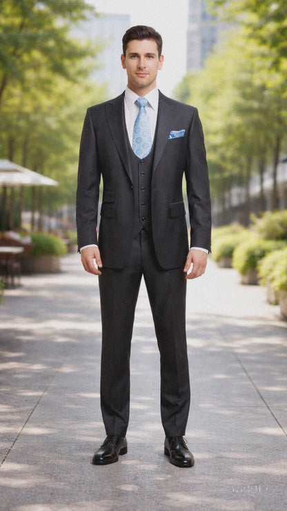 Rossiman Men's Dark Gray Slim Fit Suit – 3-Piece Vested Set with Flat Front Pants