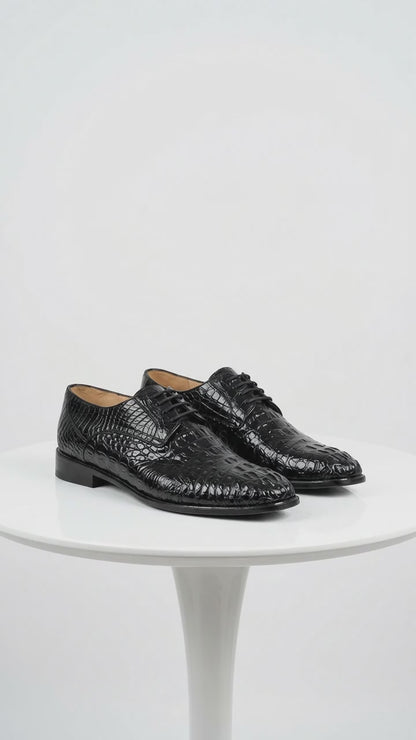 Los Altos Men’s Black Caiman Hornback Plain Toe Shoes, Exotic Lace-Up Formal Dress Shoes