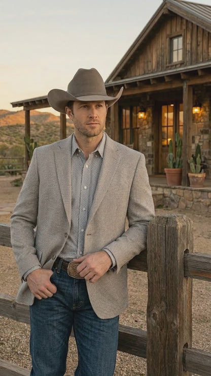 Mens Textured  Light Grey Western Blazer – Cowboy Style Casual Sport Coat for Men Classic Western Jacket