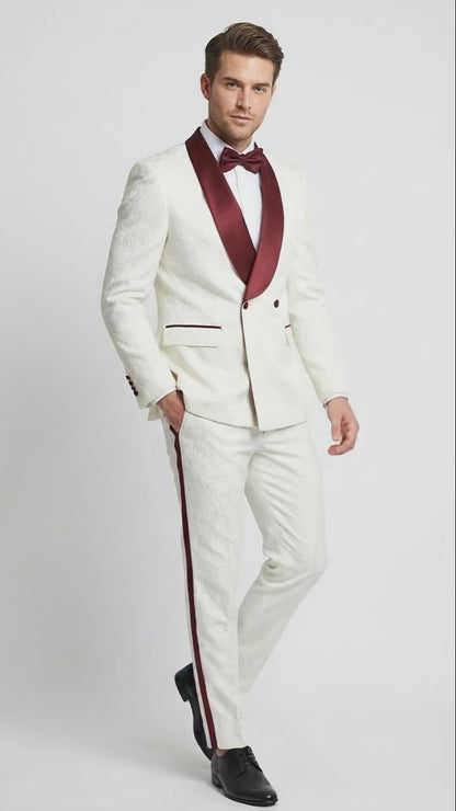 Men’s Ivory and Burgundy Jacquard Tuxedo Suit – Luxury Slim Fit 3-Piece Formal Wedding, Prom, and Gala Outfit in Cream Off White Color