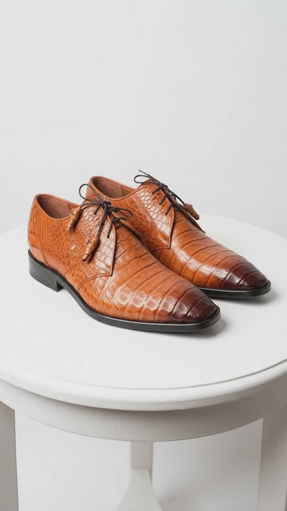 Los Altos Men’s Cognac All-Over Crocodile Lace-Up Shoes, Exotic Formal Dress Shoes