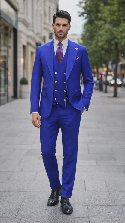 Rossiman Royal Blue Suit for Men – Classic 1-Button Peak Lapel Jacket & Double-Breasted Vest