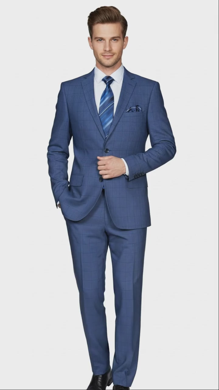 Mens Indigo Navy Blue Windowpane Check Suit – Classic 2-Piece Formal Business and Wedding Wear Set in Cobalt Blue