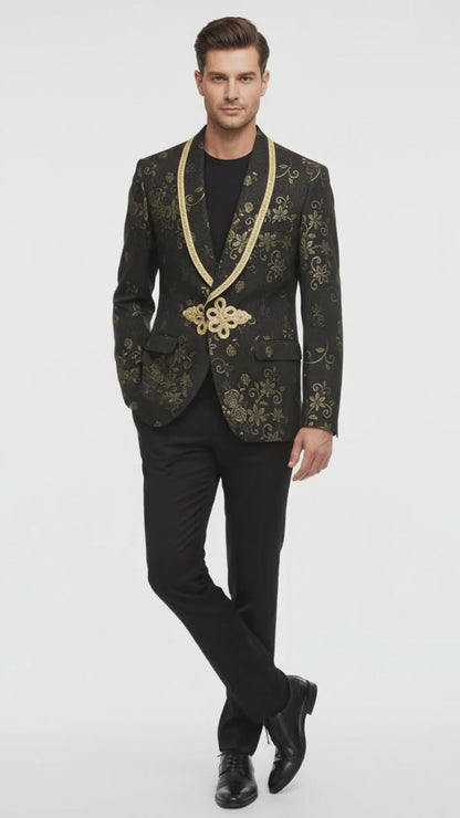 Men’s Black and Gold Embroidered Luxury Blazer – Designer Floral Pattern Wedding & Party Jacket (Sim534)