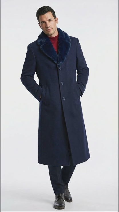 Men’s Dark Navy Blue Long Overcoat with Faux Fur Collar, Classic Winter Dress Coat for Formal