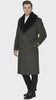 Mens Full Length Olive Overcoat with Black Fur Collar – Luxury Wool Fabric Winter Long Coat in Hunter Green