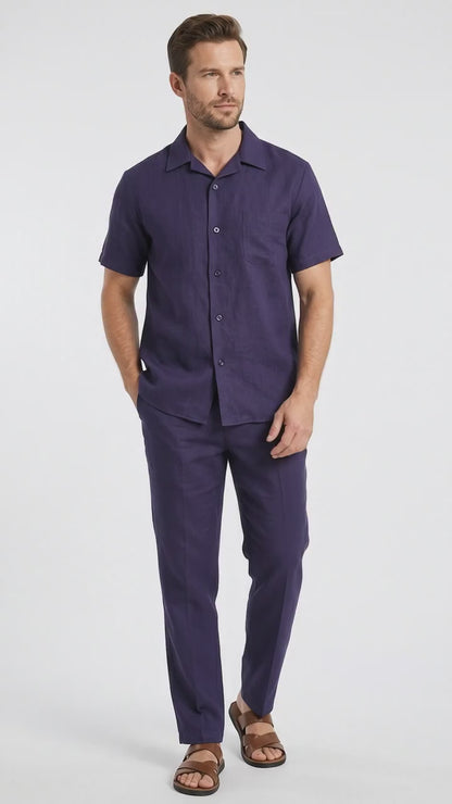 Men’s Navy 100% Linen Short Sleeve Walking Suit, Casual Leisure Shirt and Pants Set