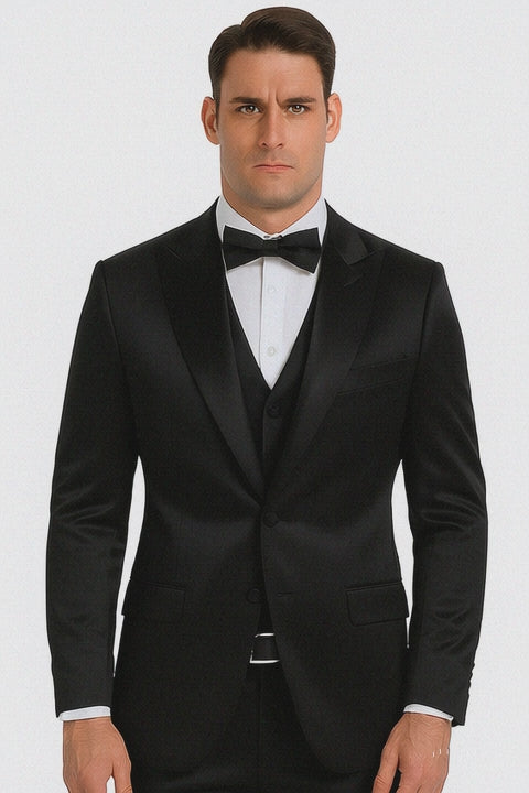 Black Satin Double Breasted Peak Lapel 3 Piece Skinny Fit Tazzio Men's Suit with Matching Bowtie