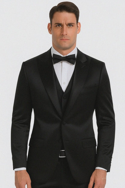 Black Satin Double Breasted Peak Lapel 3 Piece Skinny Fit Tazzio Men's Suit with Matching Bowtie
