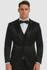 Black Satin Double Breasted Peak Lapel 3 Piece Skinny Fit Tazzio Men's Suit with Matching Bowtie