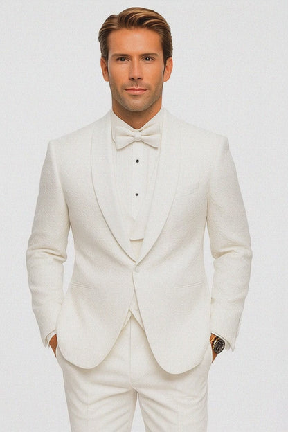 Men’s White Vested Tuxedo – Stylish Floral Lace Designer Wedding Suit