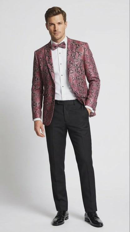 Men’s Burgundy and Black Snakeskin Print Blazer – Alligator Crocodile Sport Jacket Exotic Skin