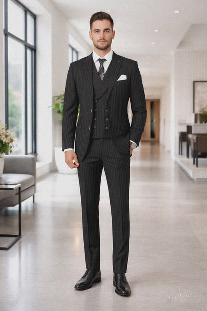 Mens Gangster Pinstripe 2 Button Double Breasted Vest Suit in Black