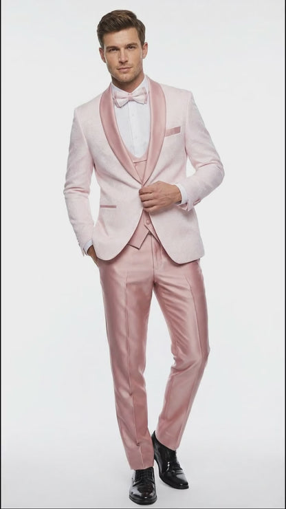 Men's Light Pink 3 Piece Tuxedo Suit Set | Shawl Lapel Formal Wedding Prom Dinner Suit in Rose Gold Color