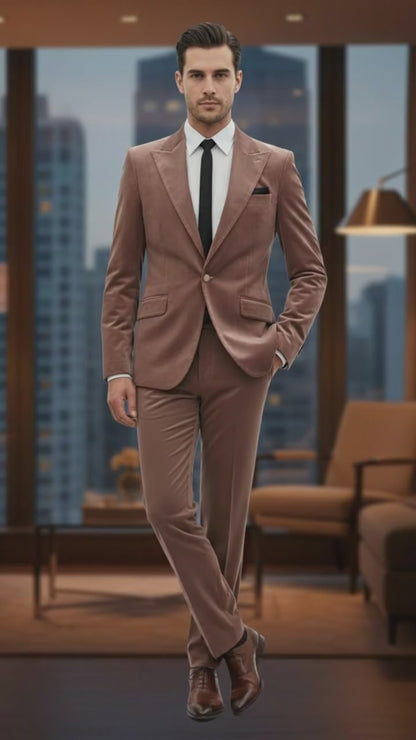 Mens Mauve Velvet Suit – 2 Piece Ultra Slim Fit Blazer and Pants Formal Set in Light Brown Tuxedo