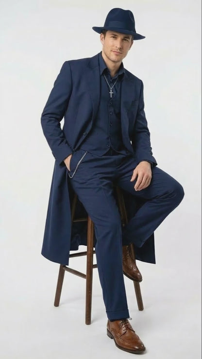 Mens Navy Blue 1920s Zoot Suit – Long Mafia Gangster Three-Piece Vintage Costume Set Suit Pachuco Style