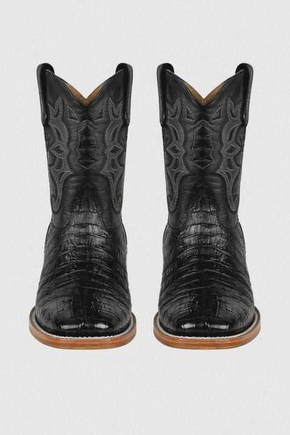 Los Altos Boots - Mens Dress Cowboy Boot - Low Priced Black Square Toe Caiman Tail Boots- in Black