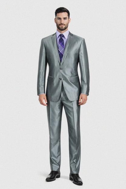 Mens Modern Fit Shiny Sharkskin Suit in Silver Grey
