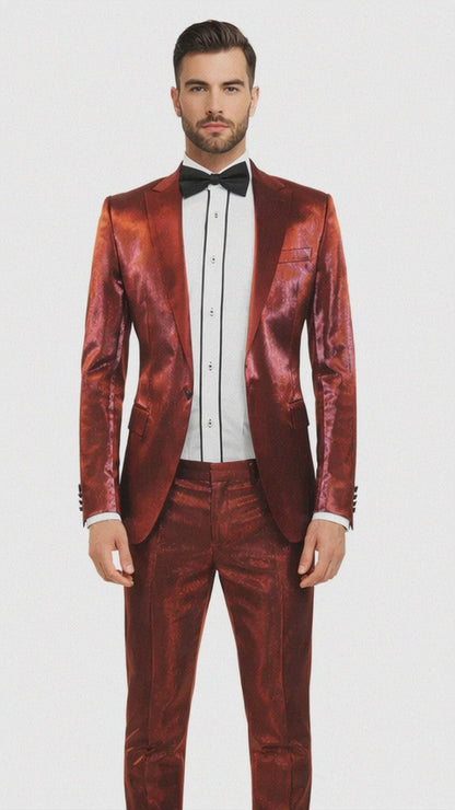 Rossiman Men’s Red Sateen Suit – Glossy Finish Bold Formalwear