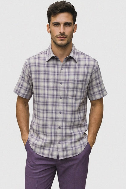 Mens Textured Plaid Walking Suit in Lavender/Off White by Dreams by Zacchi – 2 Piece Leisure Outfit with Matching Shirt and Pants - $99