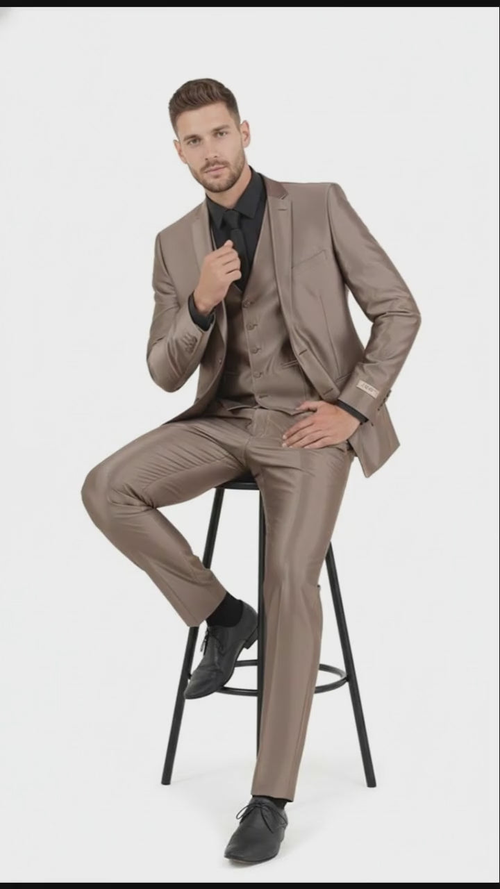 Men’s Sateen Shiny Metallic Mocca Taupe Gold Bronze 3-Piece Suit Set – Shiny Finish slim Fit Formal and Party Suit