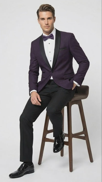 Men’s Eggplant Plum Purple Tuxedo Blazer with Satin Lapel, White Tuxedo Shirt and Matching Purple Bow Tie - Slim Fitted - Prom wedding Suit With Pants