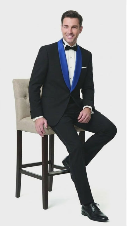 Men’s Black Tuxedo with Royal Blue Shawl Lapel | Modern Formal Dinner Jacket Suit + Pants for Weddings, Proms