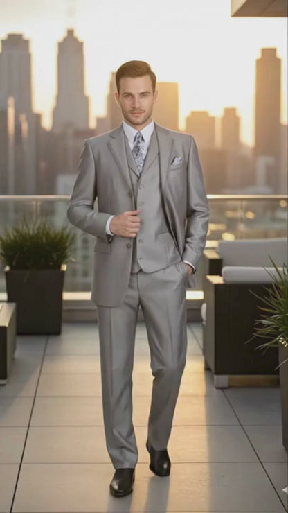 Men’s Light Gray 3-Piece Modern Fit Suit with Vest – Classic Formal Business and Wedding Attire