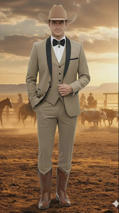 Men’s Western Cowboy Suit – 3-Piece Tan Tuxedo with Black Lapel, Vest, and Pants Beige  Color