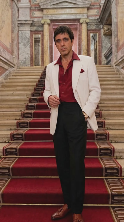 Tony Montana’s White Blazer Red Shirt Black Pants – Men’s White Blazer Outfit with Red Shirt and Black Trousers for Party, Wedding and Vintage Style Wear