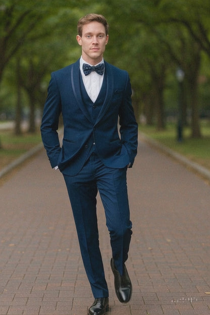 Men’s Navy Blue with Blue Trim Three-Piece Tuxedo with Satin Shawl Lapel and Bow Tie Wedding Suit