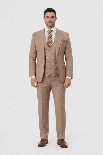 Rossiman Men’s Tan Suit – Gold Buttons & Double-Breasted Vest Elegance