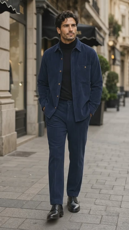 Mens Corduroy Shirt and Pants Walking Suit in Winter Cotton Fabric Casual in Color Navy leisure Style