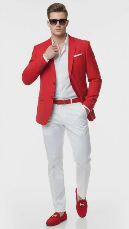 Mens Red Blazer and White Pants Set – Stylish Casual Dress Outfit For New Year Holiday and Christmas Suit