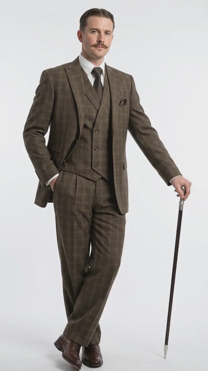Men’s Edwardian Brown Plaid 3-Piece Suit – Vintage Double-Breasted Vest Wedding and Formal Suit