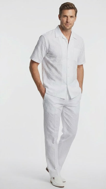 Mens White Seersucker Walking Suit Set – Casual Summer Short Sleeve Outfit with Matching Pants Lightweight Two Piece Set