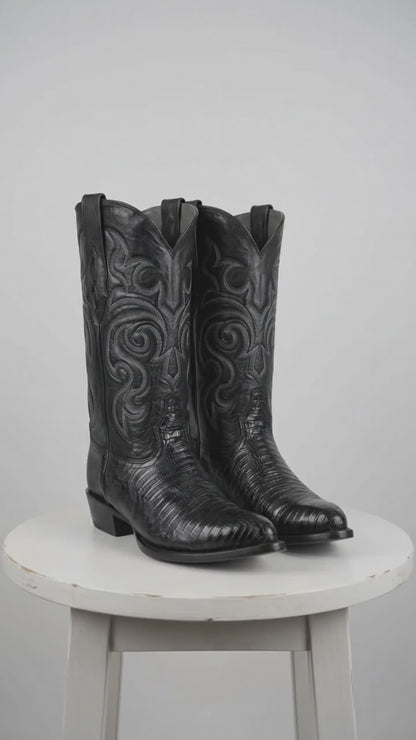 Men’s Black Armadillo Lizard Western Boots, Original Puntal Toe Cowboy Dress Boots