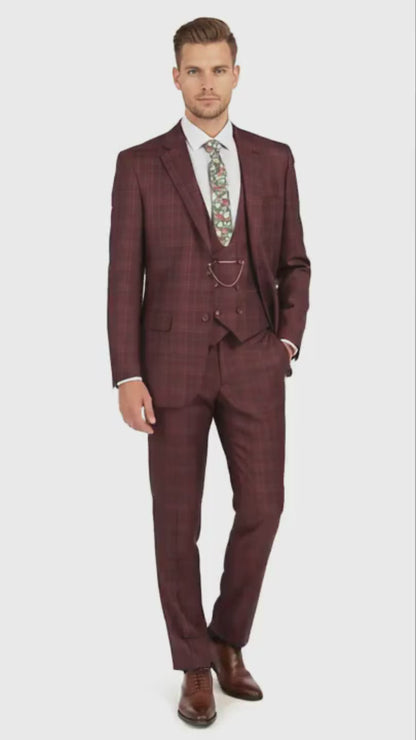 Men’s Burgundy Checkered 3-Piece Suit – Windowpane Classic Fit Plaid Blazer with Vest and Pants