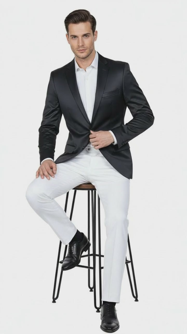 Men’s Black Satin Blazer – Classic Slim Fit Two-Button Formal Suit Jacket for Weddings, Parties, and Business Events
