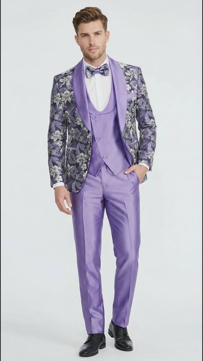 Men’s Purple Floral Prom Suit with Shawl Lapel – Luxury Formal Tuxedo Outfit for Prom, Wedding and Special Events