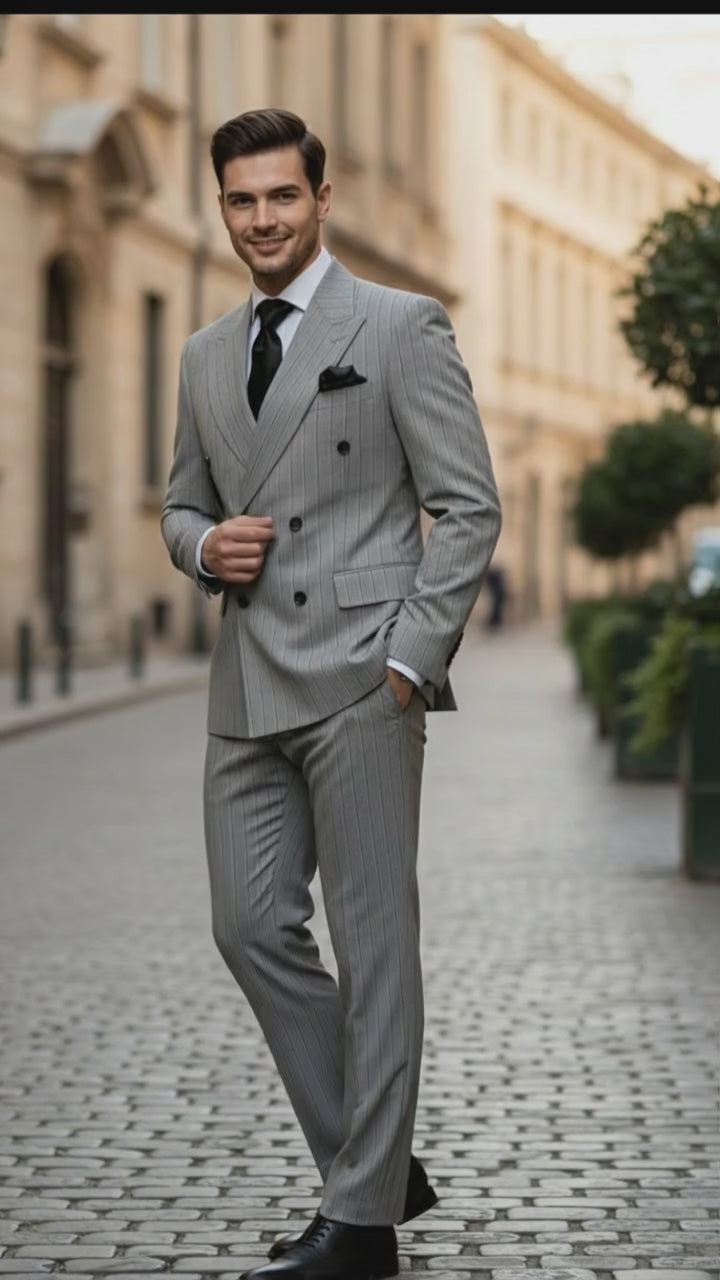 Men’s Grey and Black Pinstripe Double-Breasted Suit – 1920s Gangster Vintage Looking suit By Rossiman