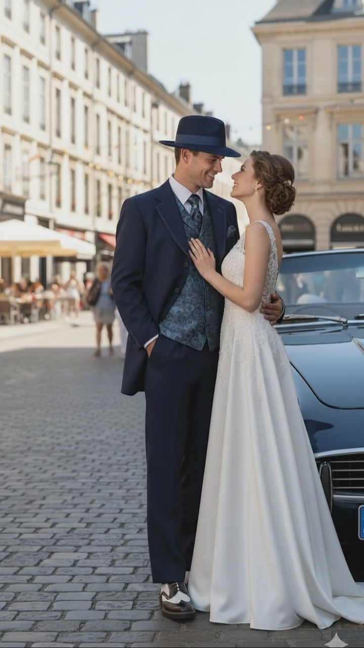 Mens 1920s Navy Blue Zoot Suit – Vintage Gangster 3-Piece Long Jacket Suit Classic Fit Pleated Pants