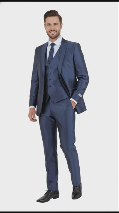 Men’s Navy Blue Shiny Finish 3-Piece Suit Set – Premium Tailored Fit Formal Wedding and Party Sateen Slim Fitted Suit