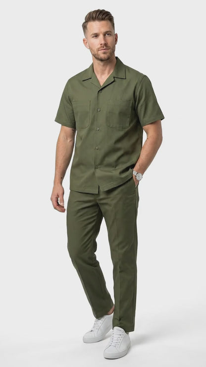 Men’s Olive Short Sleeve Walking Suit with Button Front Shirt and Matching Pants