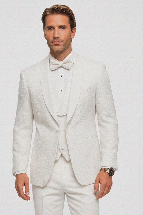 Men’s White Vested Tuxedo – Stylish Floral Lace Designer Wedding Suit
