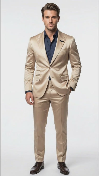 Mens Shiny Champagne Gold Two Piece Suit – Luxury Formal Satin Finish Suit for Wedding, Party and Evening Wear